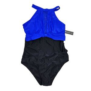 Tempt Me Womens High-Neck One Piece Halter Swimsuit Mesh Back Blue Black Size M